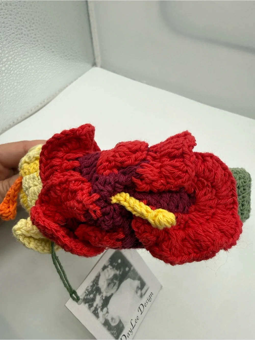 Handmade Crochet Floral Headband in Green with Red & Yellow Flowers